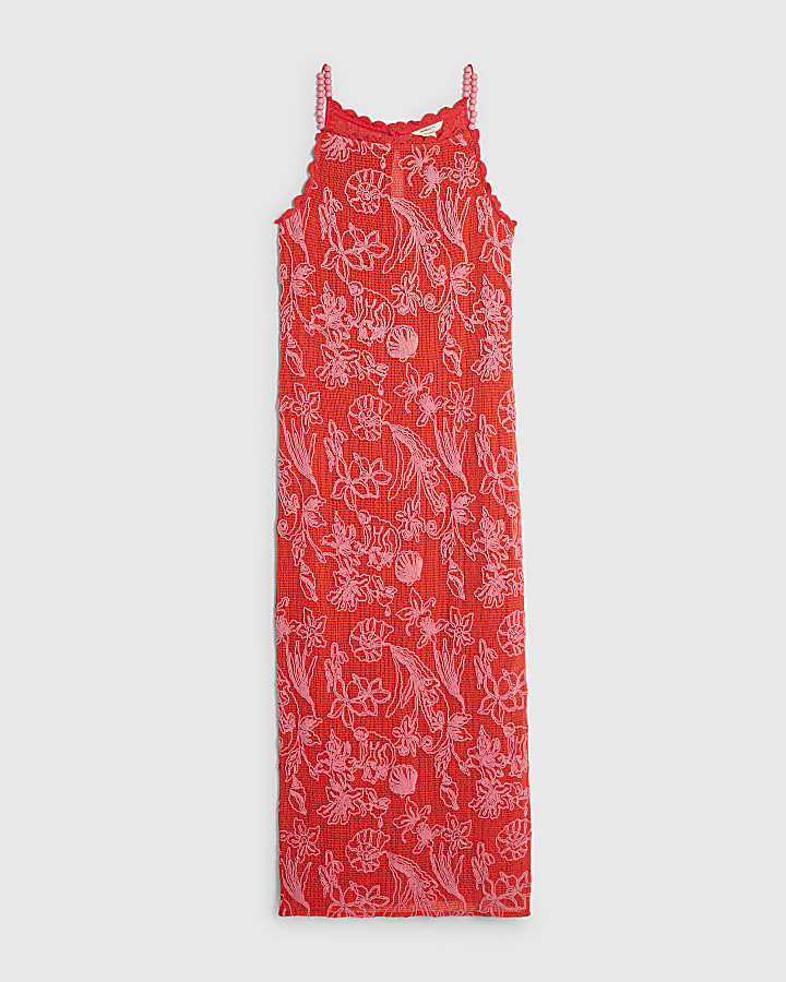 Red Shell Embroidered Crochet Maxi Dress
