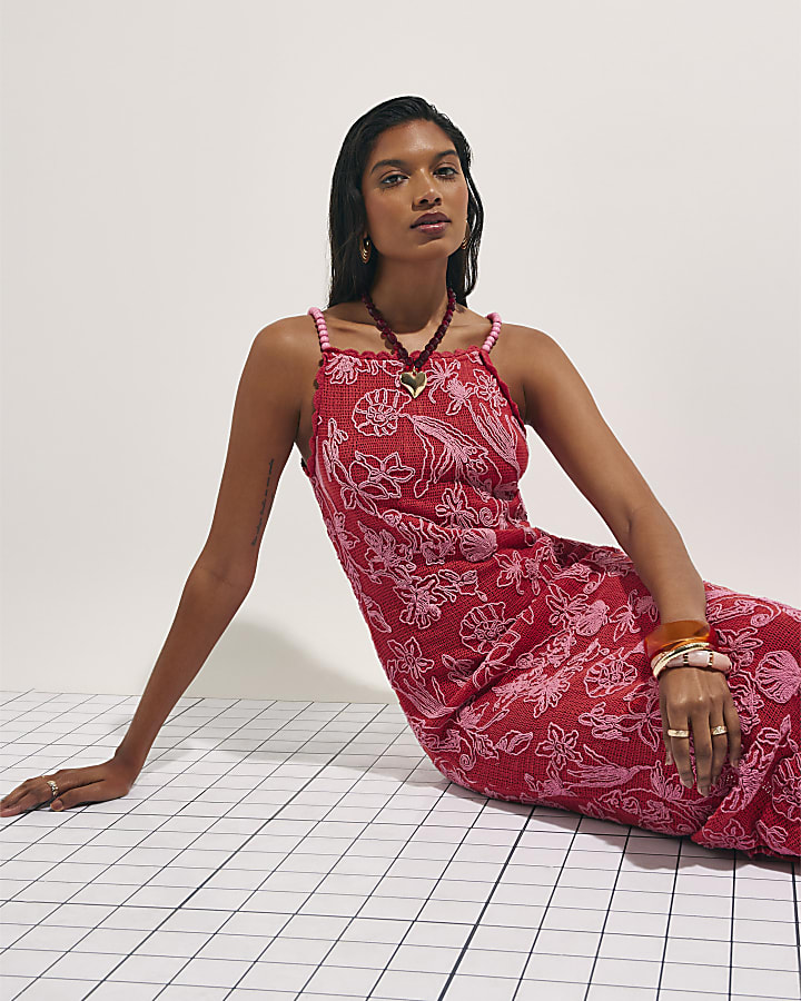Red Shell Embroidered Crochet Maxi Dress