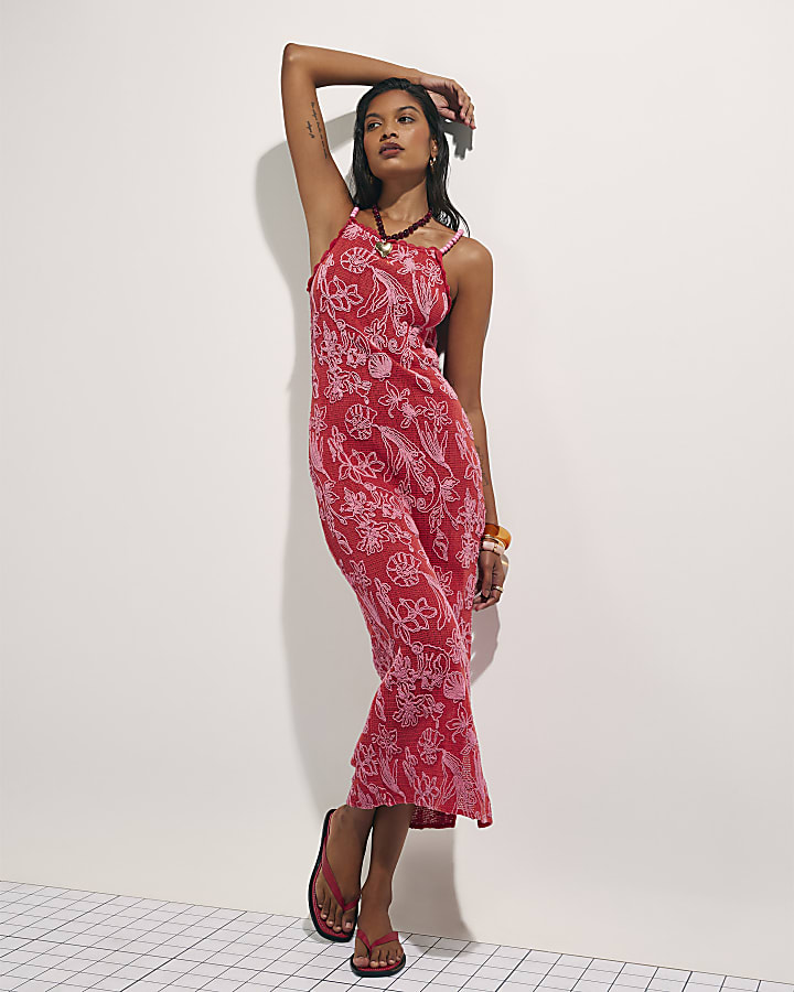 Red Shell Embroidered Crochet Maxi Dress