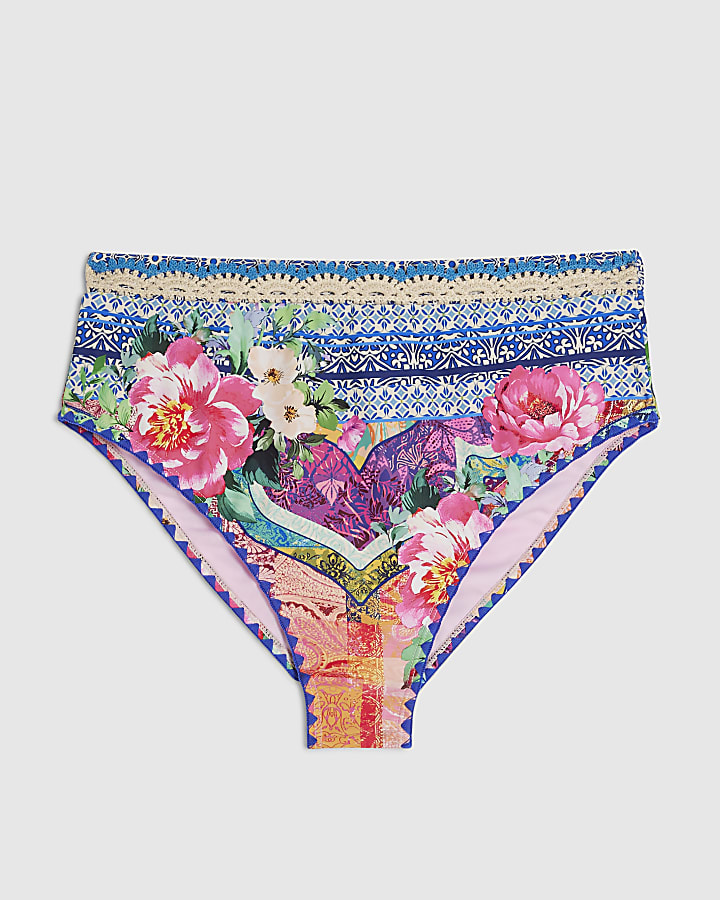 Purple Crochet Trim Floral Bikini Bottoms