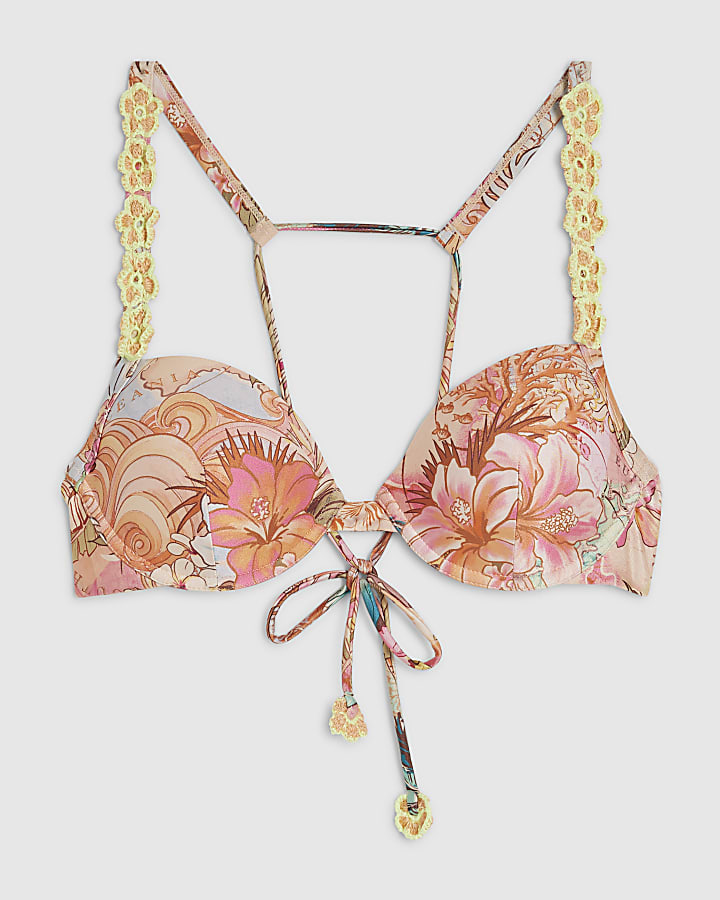 Pink Flower Structured Bikini Top