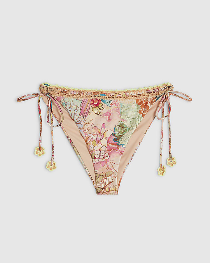 Pink Floral Crochet Tie Side Bikini Bottoms