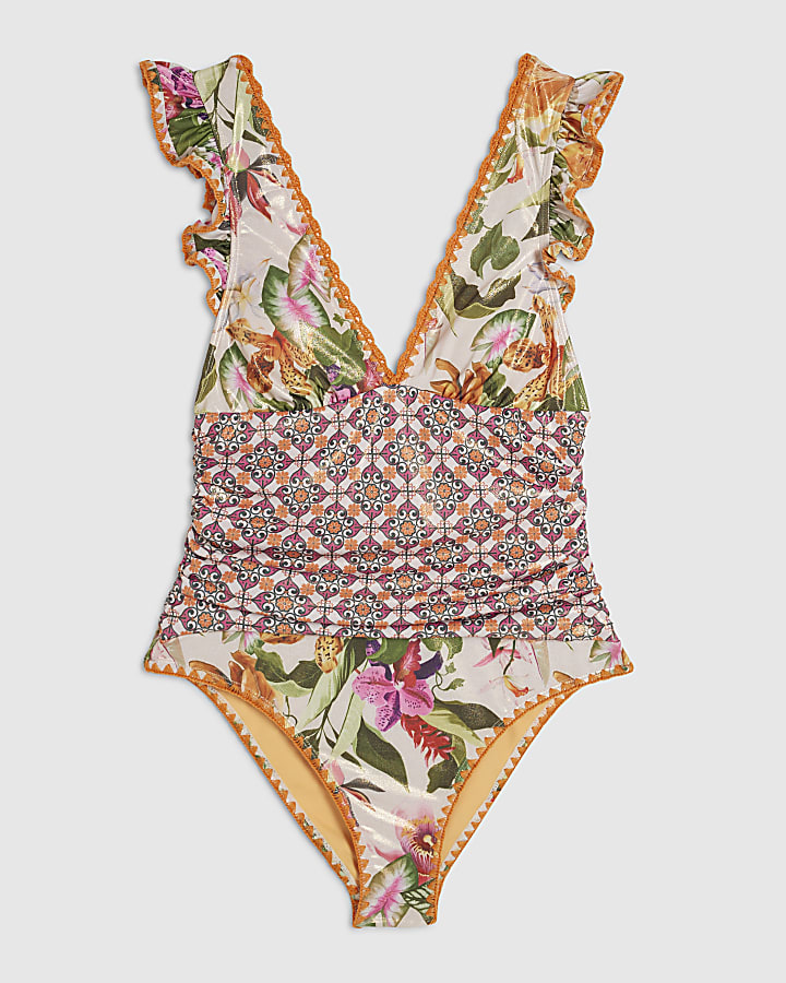 Orange Floral Frill Trim Swimsuit