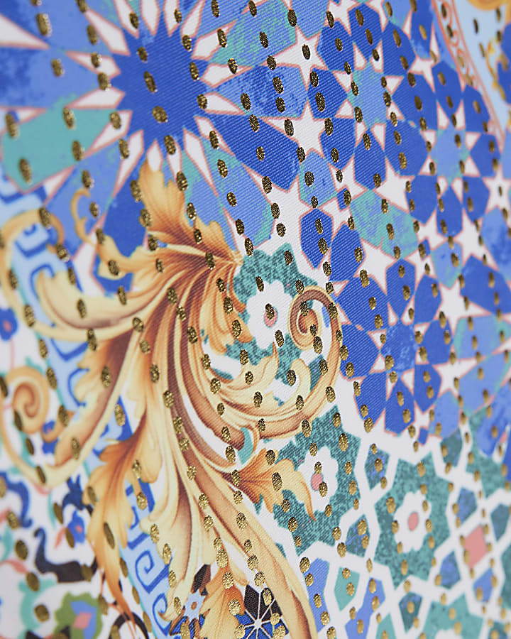 Blue Metallic Abstract Print Plunge Swimsuit