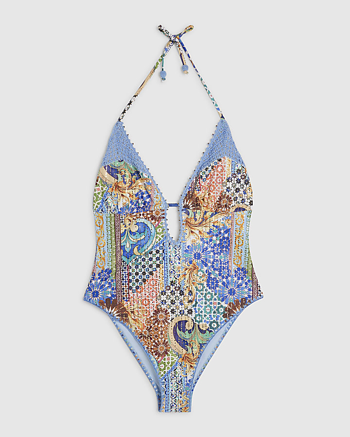Blue Metallic Abstract Print Plunge Swimsuit