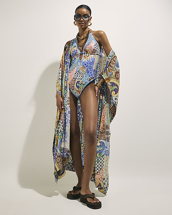 Blue Metallic Abstract Print Plunge Swimsuit