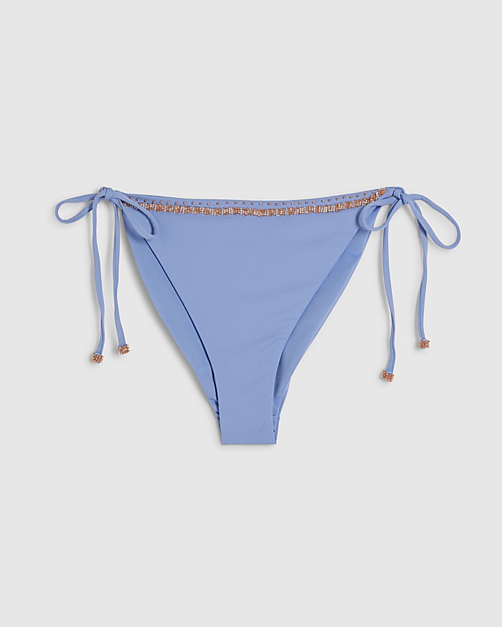 Blue Beaded Tie Side Bikini Bottoms