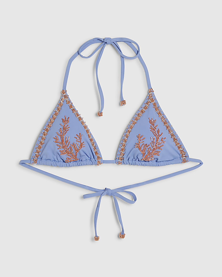 Blue Coral Print Beaded Bikini Top