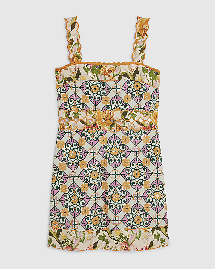 Orange Tile Print Cutwork Mini Dress