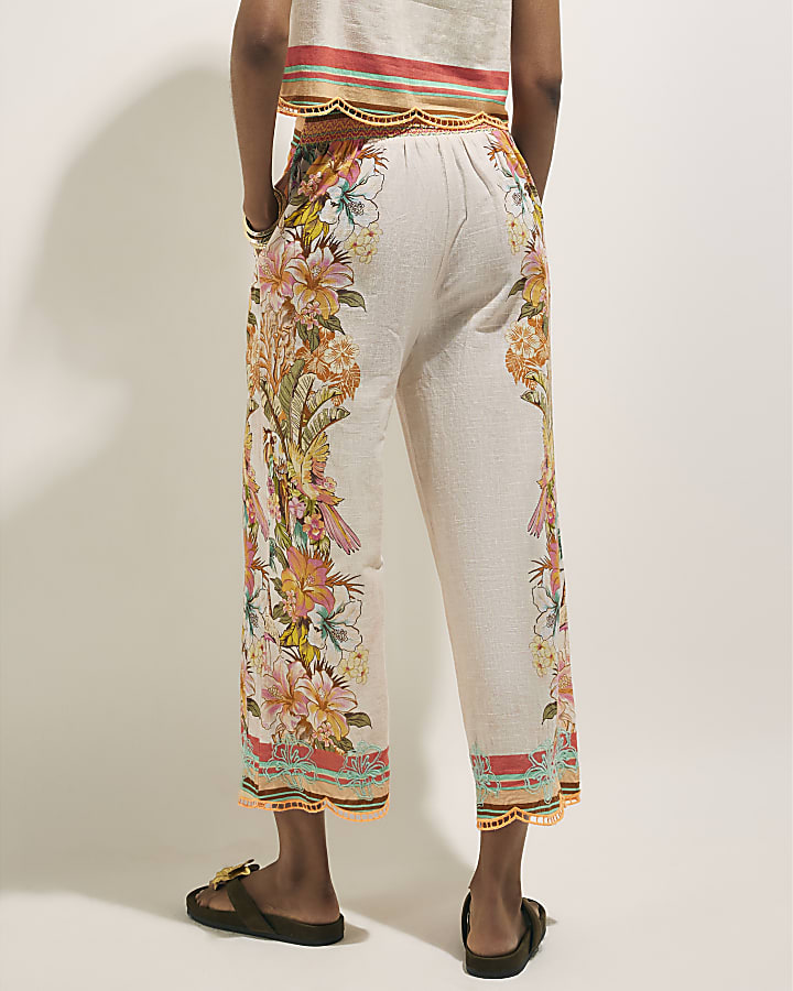 Cream Floral Cutwork Cropped Trousers