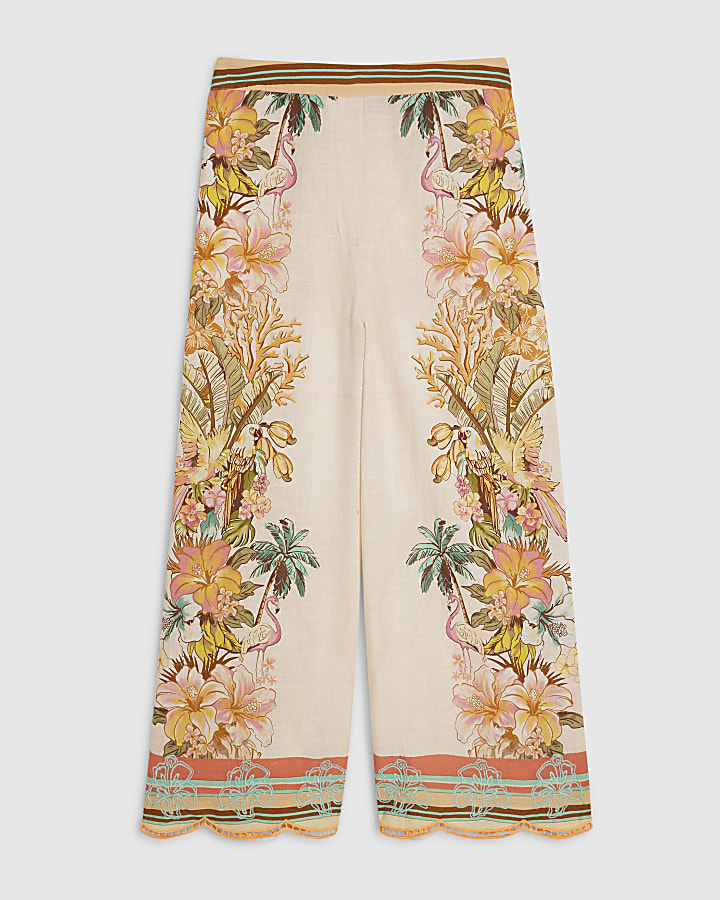 Cream Floral Cutwork Cropped Trousers