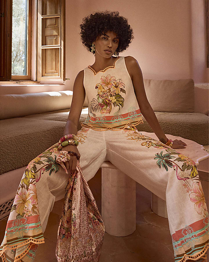 Cream Floral Cutwork Cropped Trousers