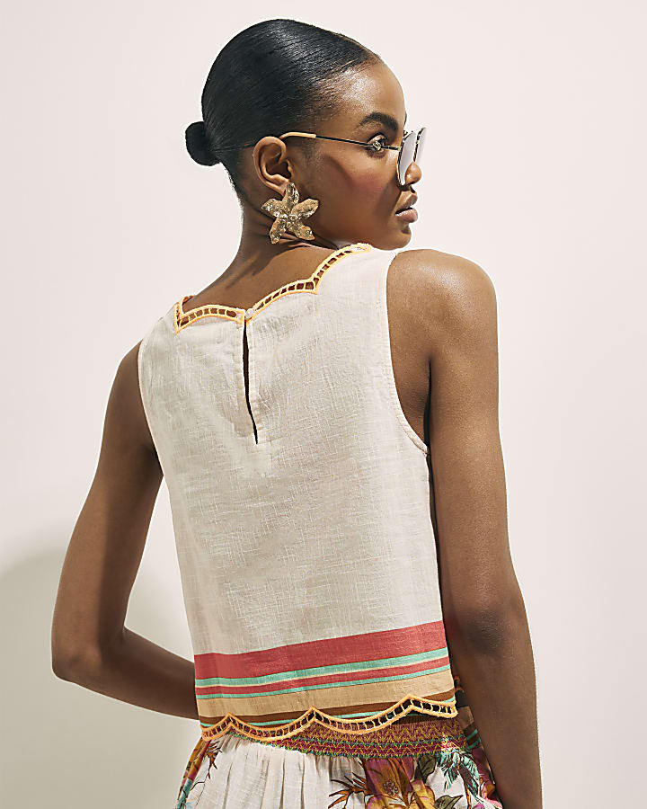 Cream Cutwork Print Shell Top