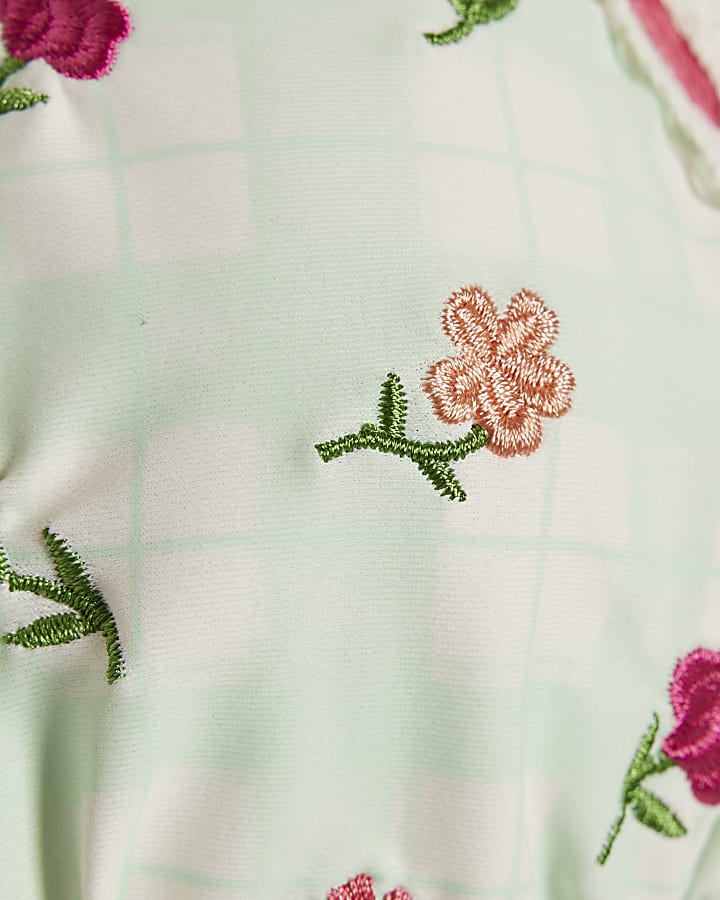 Green Triangle Floral Lace Trim Bikini Top