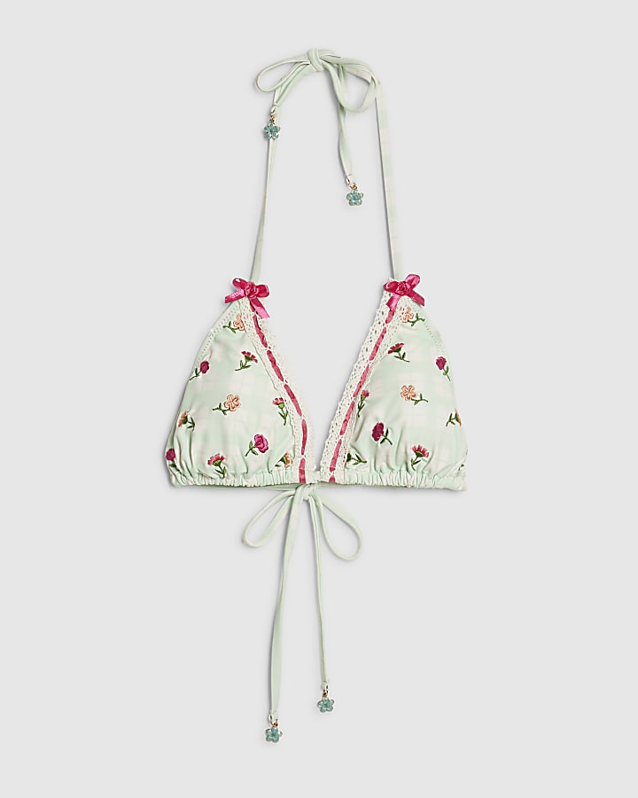Green Triangle Floral Lace Trim Bikini Top