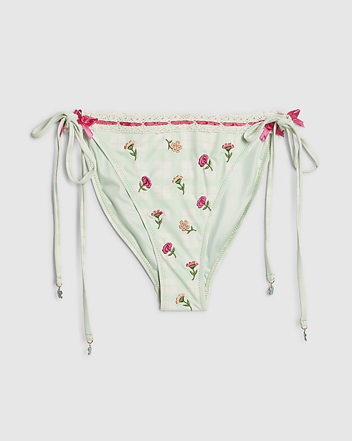 Green Tie Side Floral Lace Trim Bikini Brief