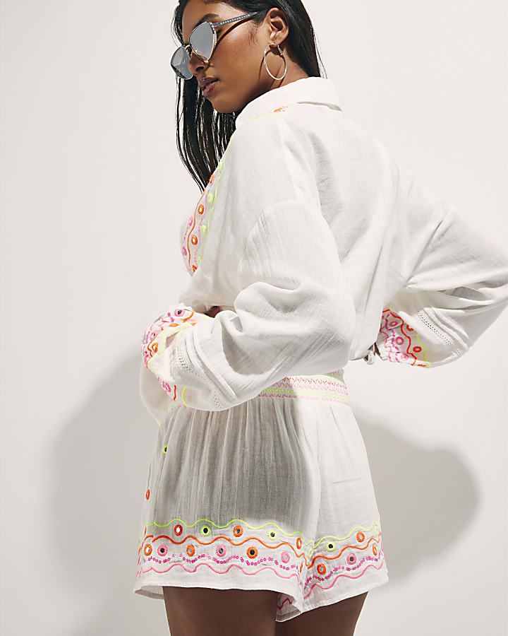 Cream Cotton Mirror Embroidered Shorts