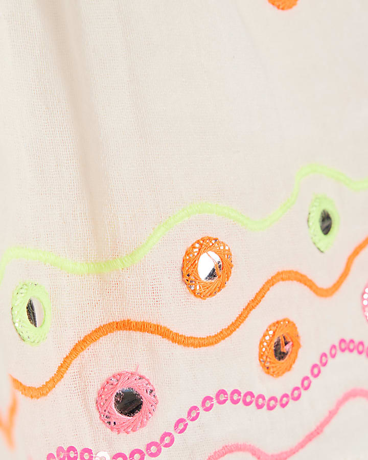 Cream Cotton Mirror Embroidered Shorts