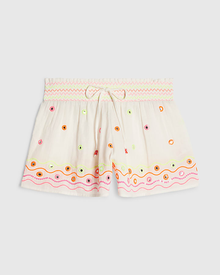 Cream Cotton Mirror Embroidered Shorts