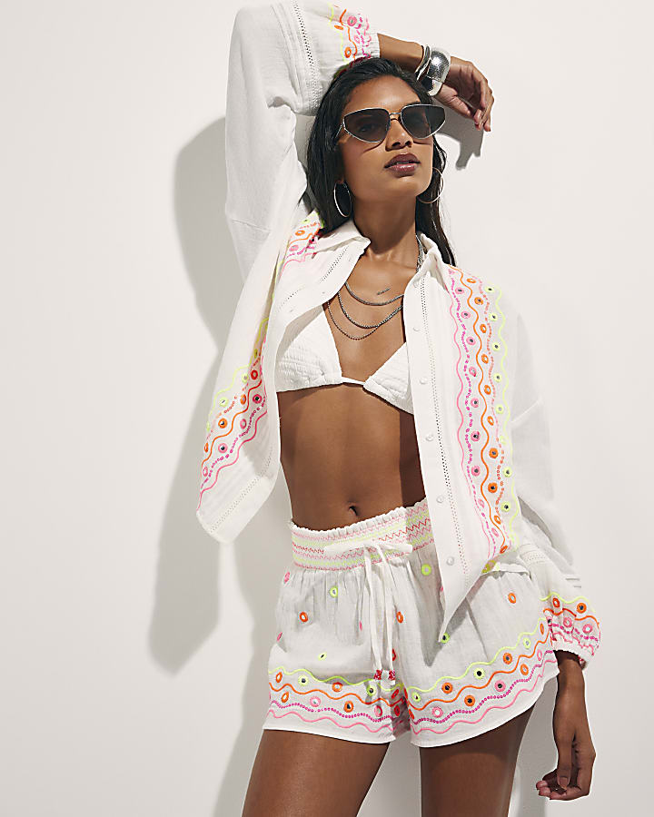 Cream Cotton Mirror Embroidered Shorts