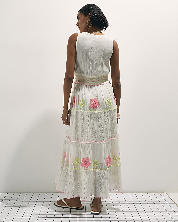 Cream Floral Embellished Maxi Dress