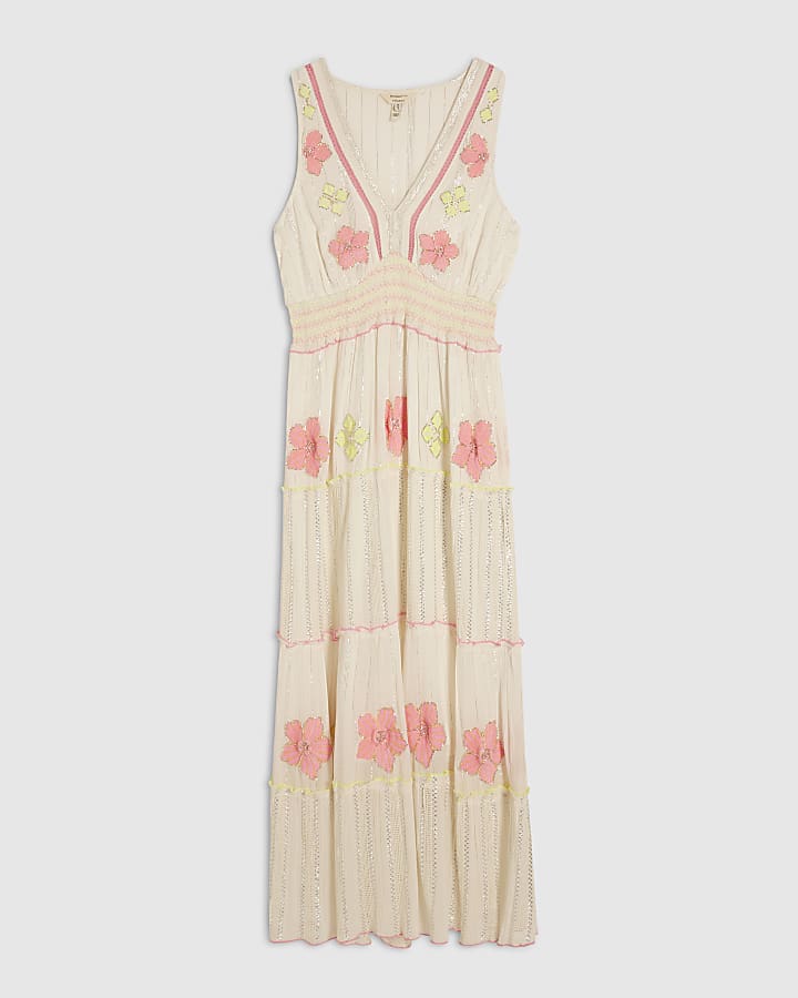 Cream Floral Embellished Maxi Dress