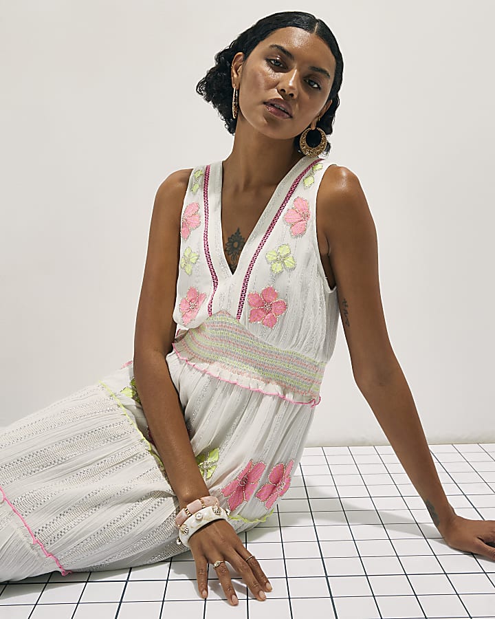 Cream Floral Embellished Maxi Dress