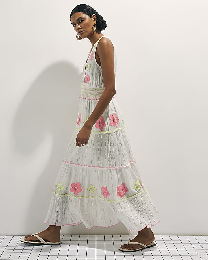 Cream Floral Embellished Maxi Dress
