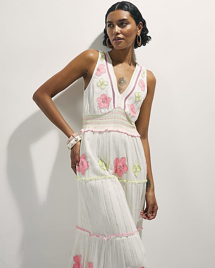 Cream Floral Embellished Maxi Dress