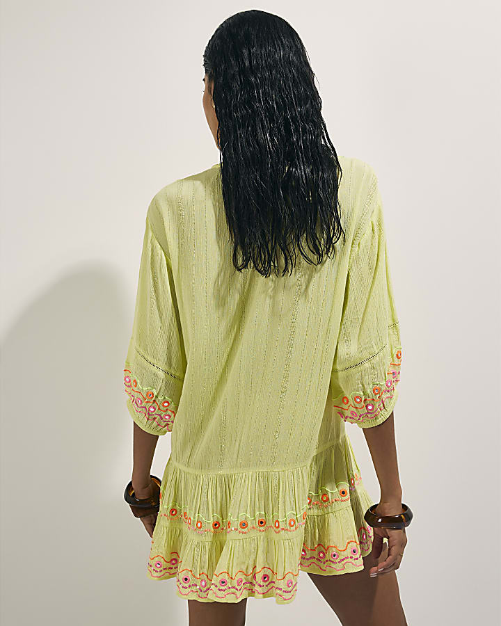 Green Mirror Embellished Mini Beach Dress