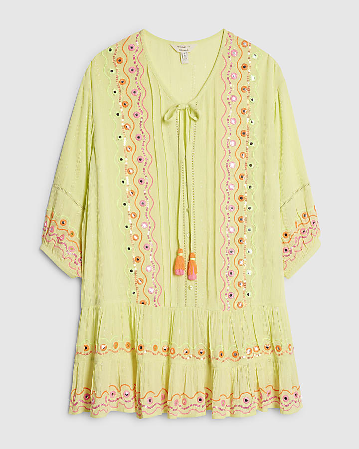 Green Mirror Embellished Mini Beach Dress