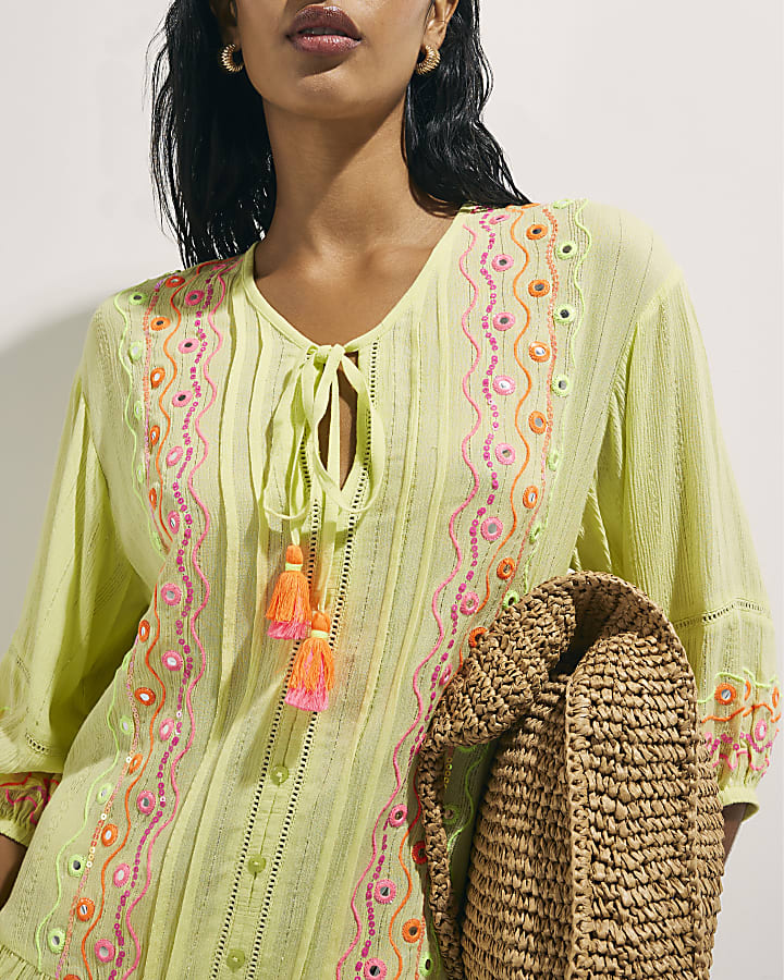 Green Mirror Embellished Mini Beach Dress