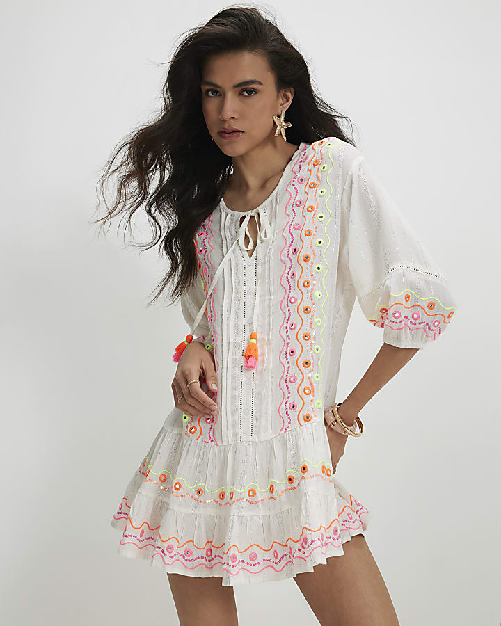 White Embroidered Mini Dress