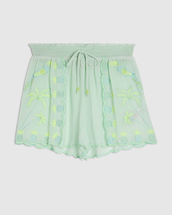 Green Chiffon Embroidered Shorts