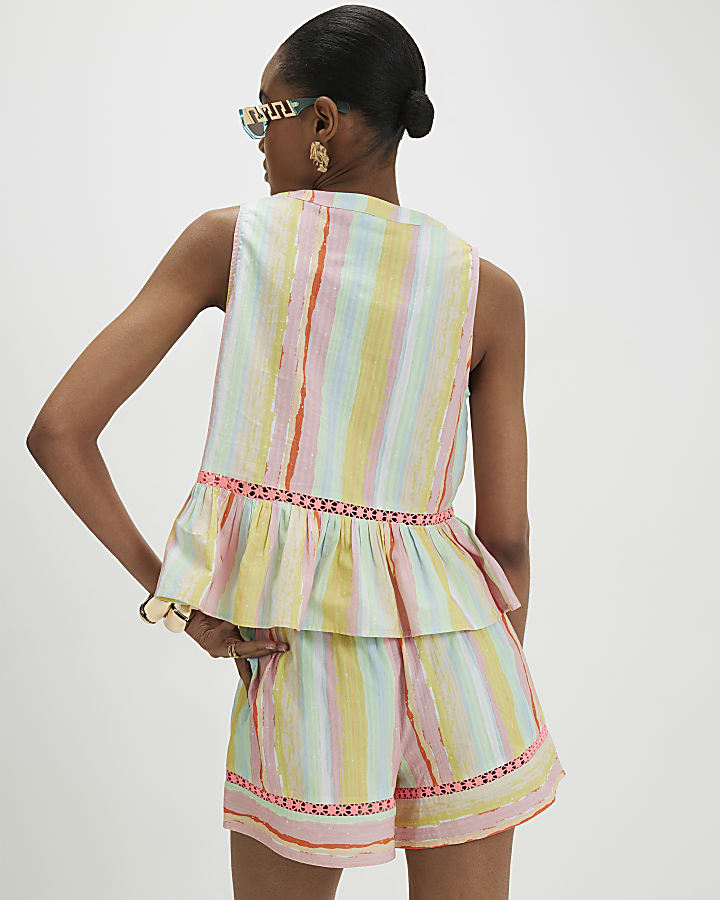Pink Cotton Stripe Embroidered Cutwork Shorts