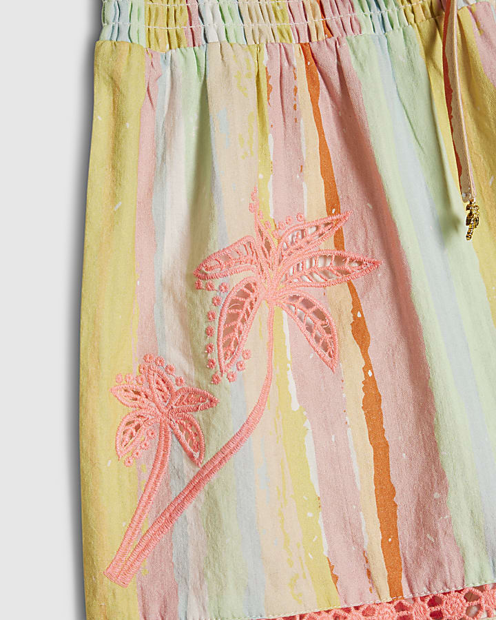 Pink Cotton Stripe Embroidered Cutwork Shorts