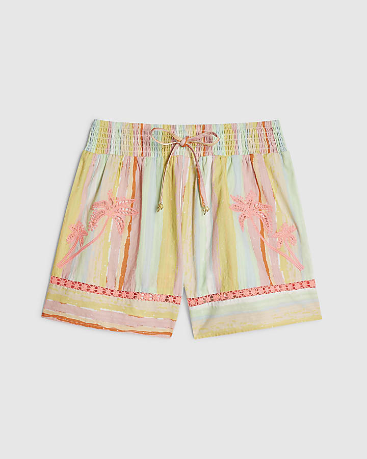Pink Cotton Stripe Embroidered Cutwork Shorts