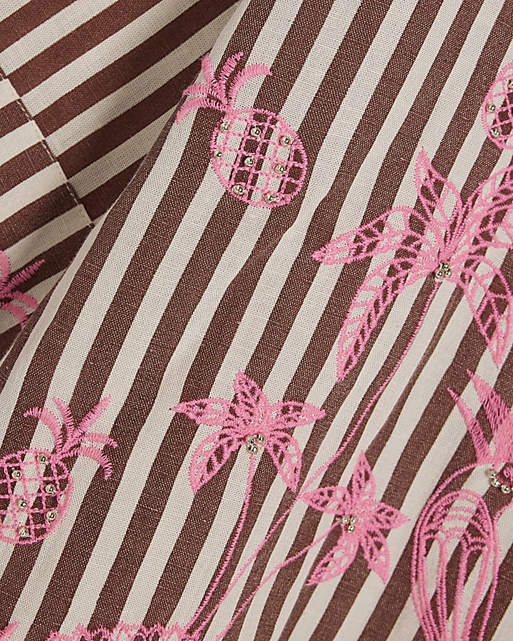 Brown Stripe Embroidered Toucan Shirt