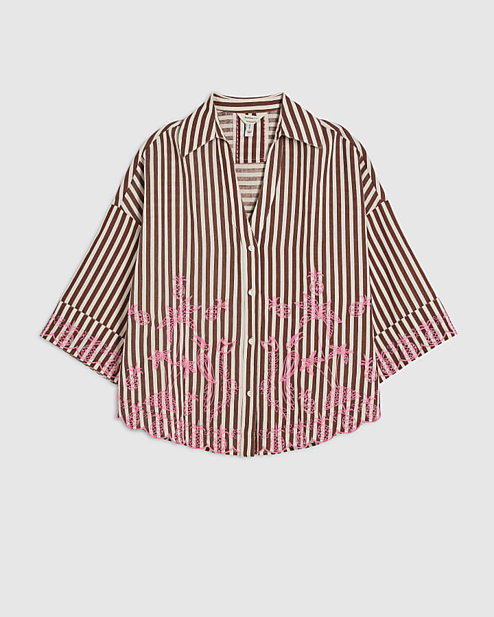 Brown Stripe Embroidered Toucan Shirt