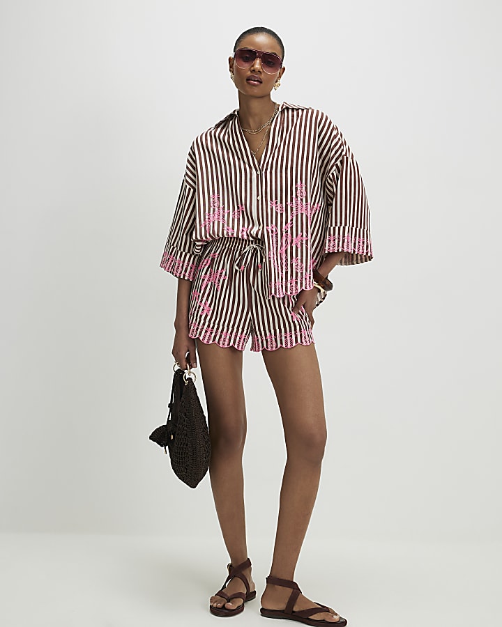 Brown Stripe Embroidered Toucan Shirt