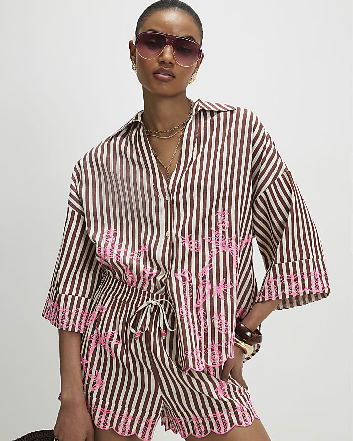 Brown Stripe Embroidered Toucan Shirt