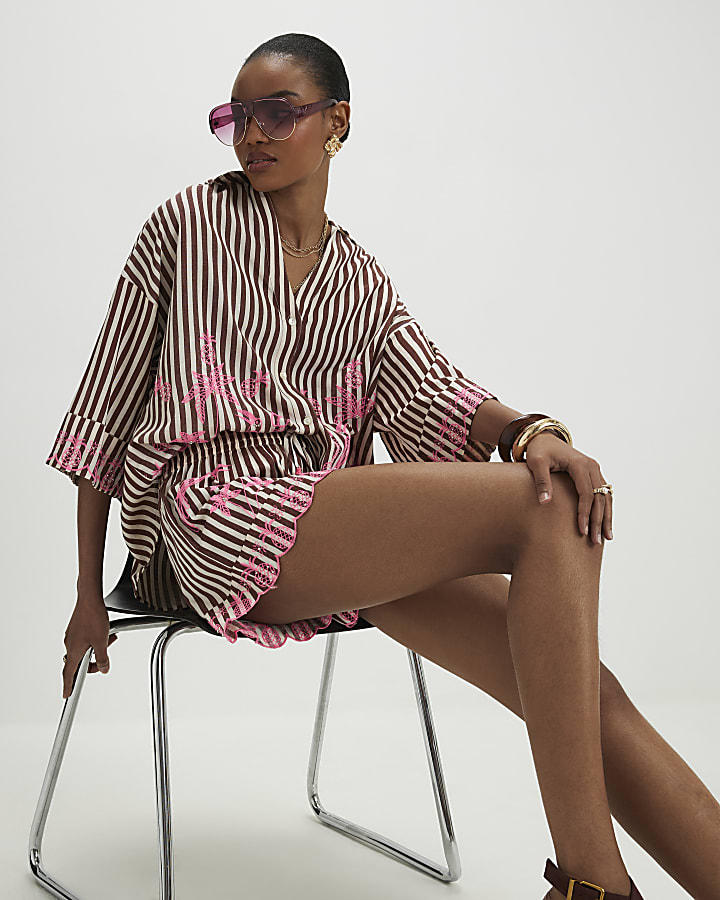 Brown Stripe Embroidered Toucan Shirt