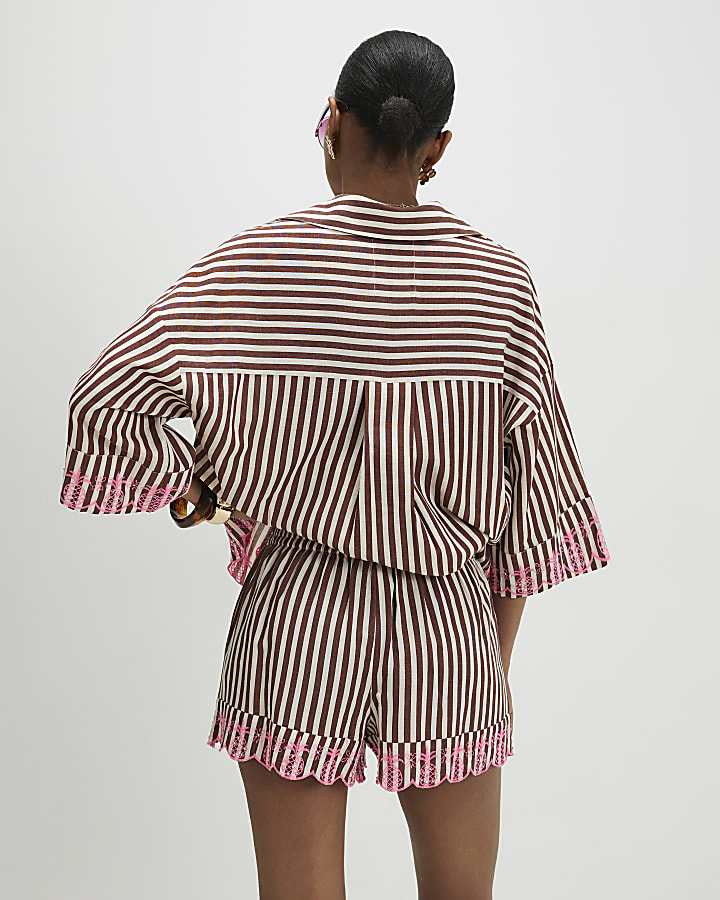 Brown Stripe Embroidered Toucan Shorts