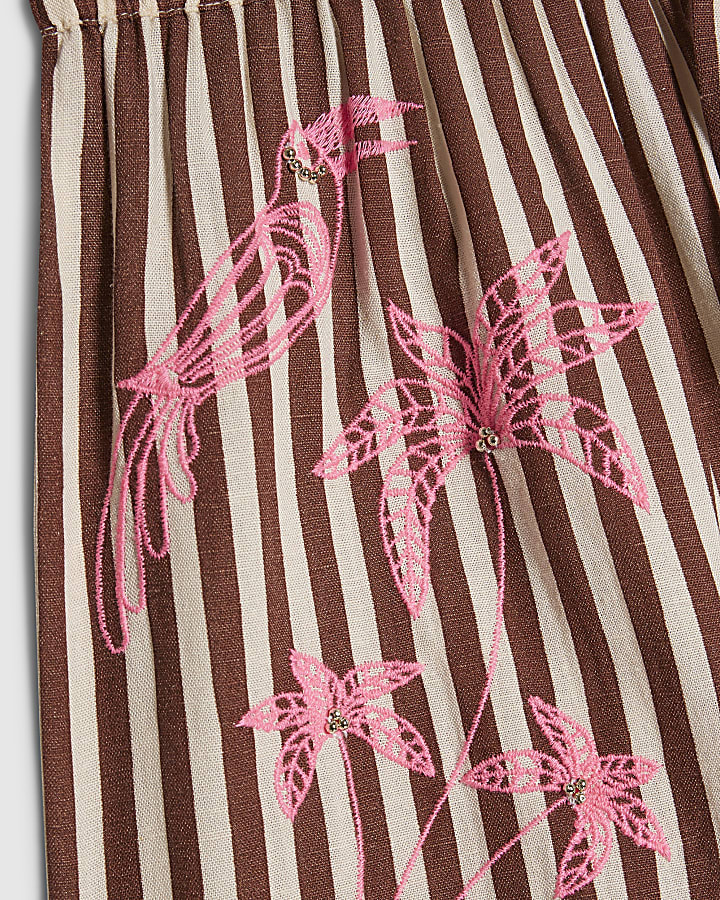 Brown Stripe Embroidered Toucan Shorts