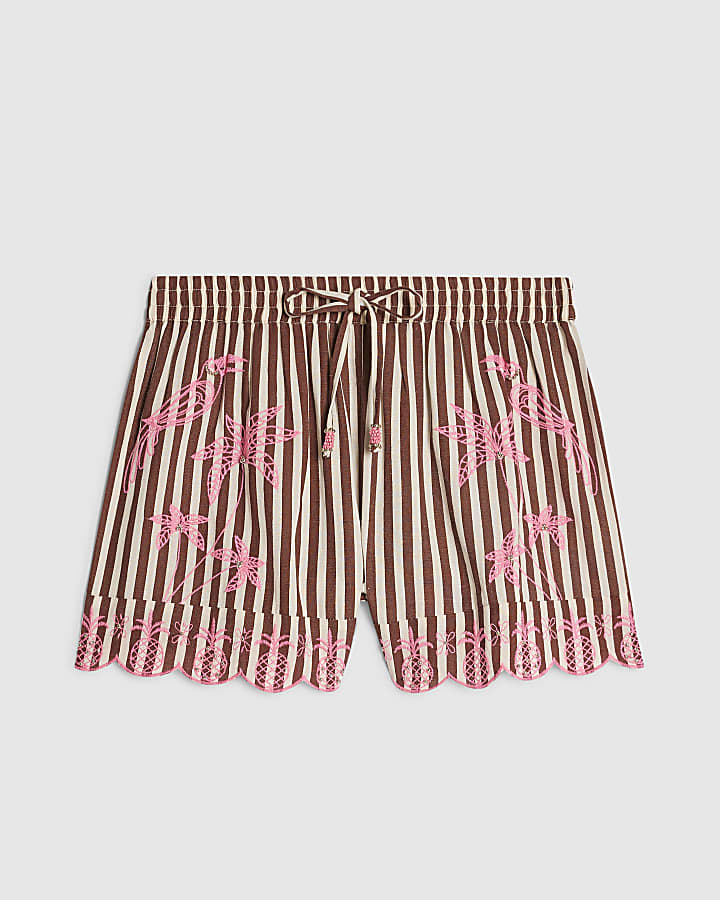 Brown Stripe Embroidered Toucan Shorts