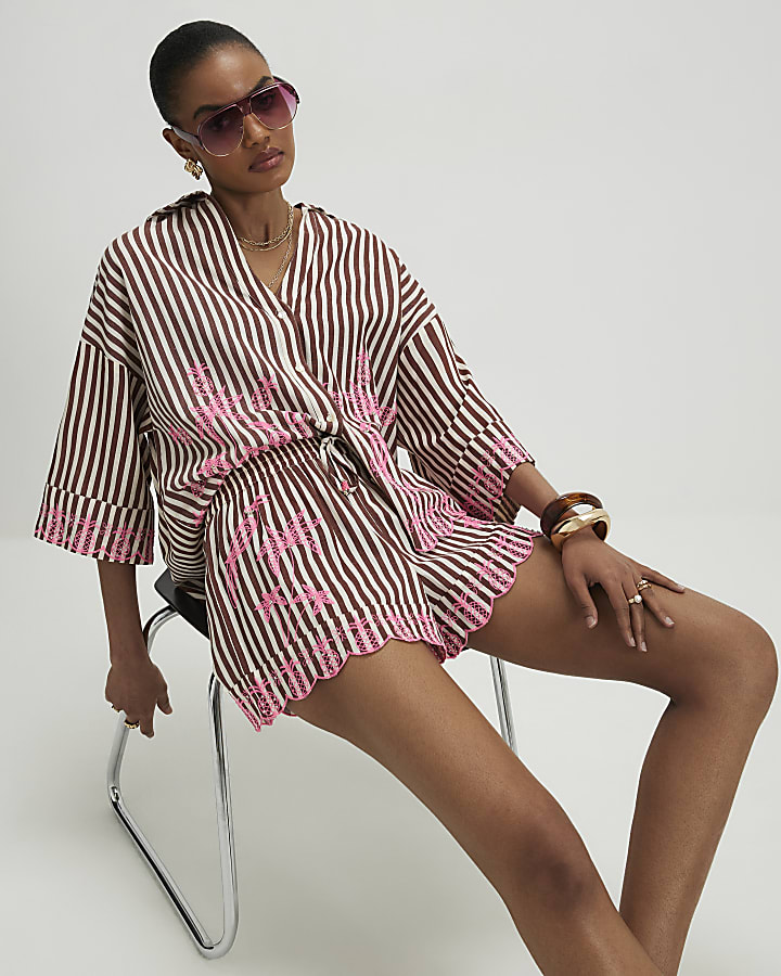Brown Stripe Embroidered Toucan Shorts