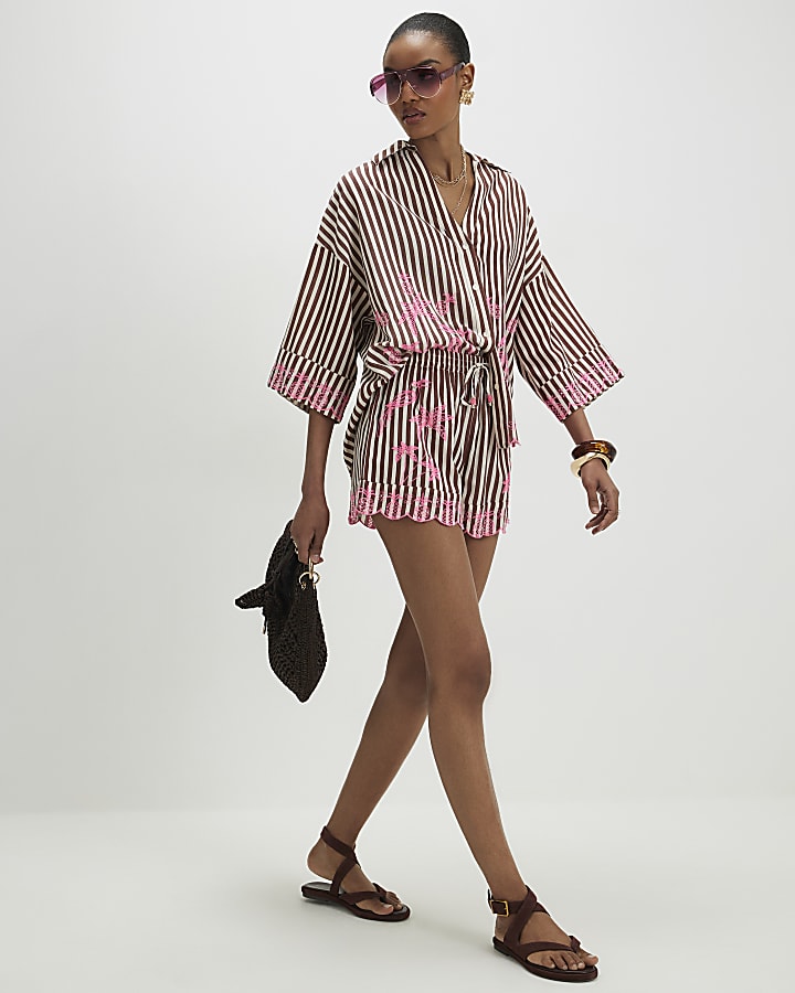 Brown Stripe Embroidered Toucan Shorts