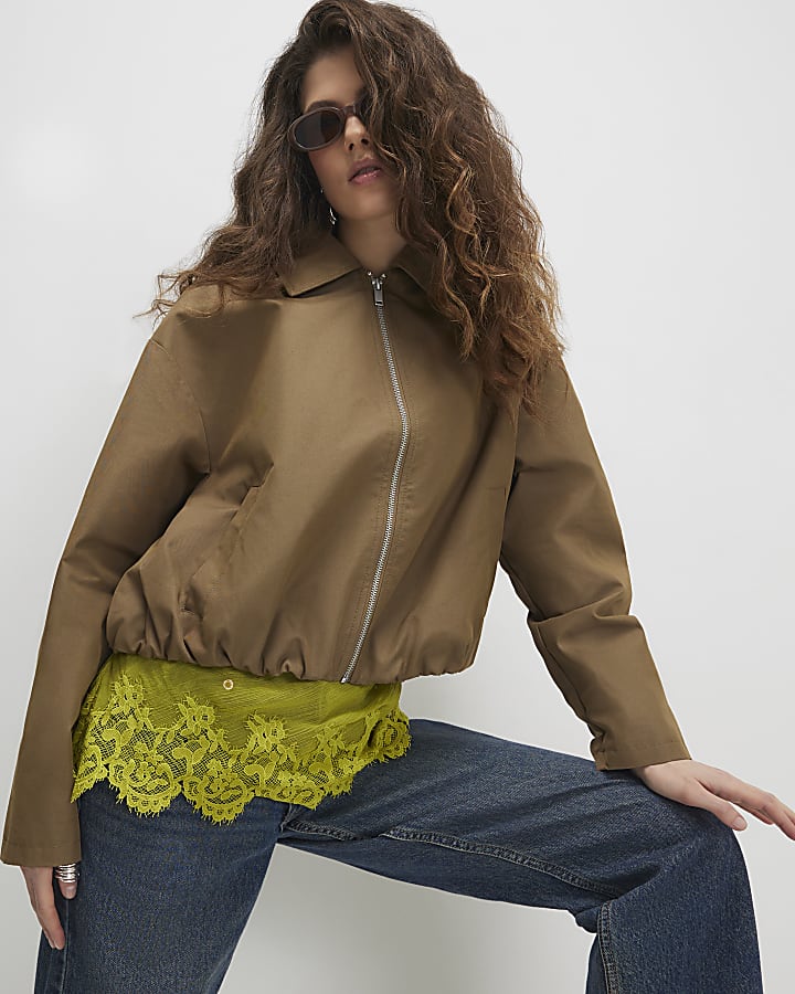 Khaki Utiltiy Zip Through Harrington Jacket