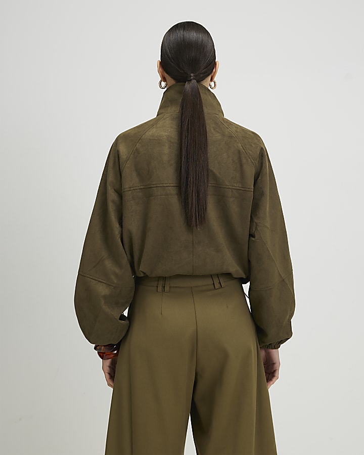 Khaki Faux Suede Drawstring Hem Bomber Jacket