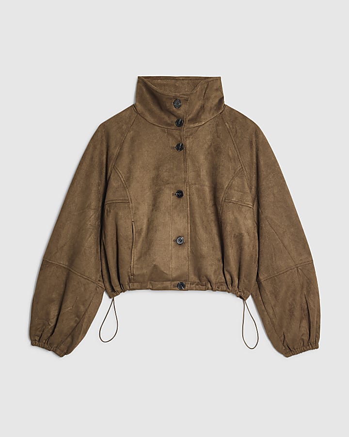 Khaki Faux Suede Drawstring Hem Bomber Jacket